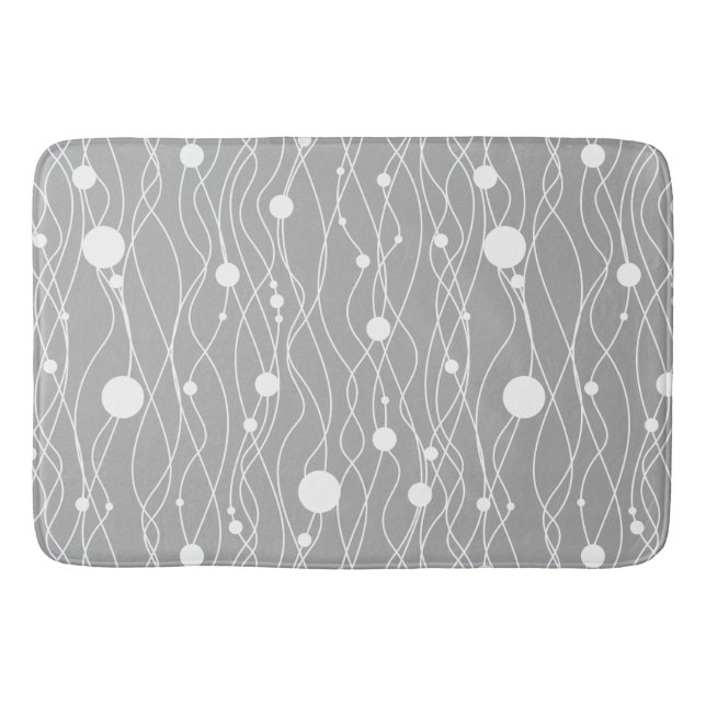White On Gray Modern Swirly Lines & Dots Bath Mat (Front)