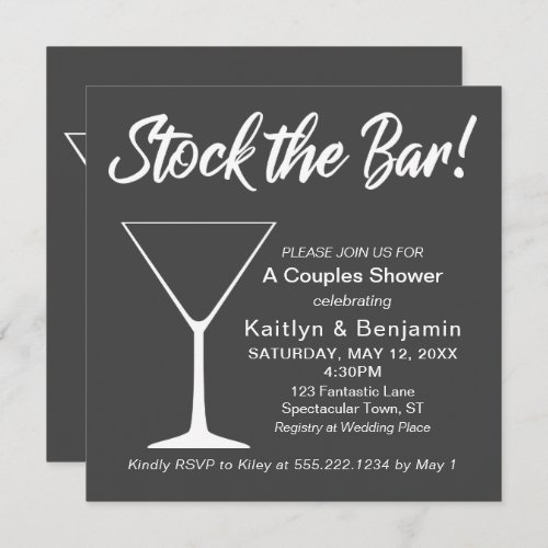 White on Gray Stock the Bar Script Couples Shower Invitation