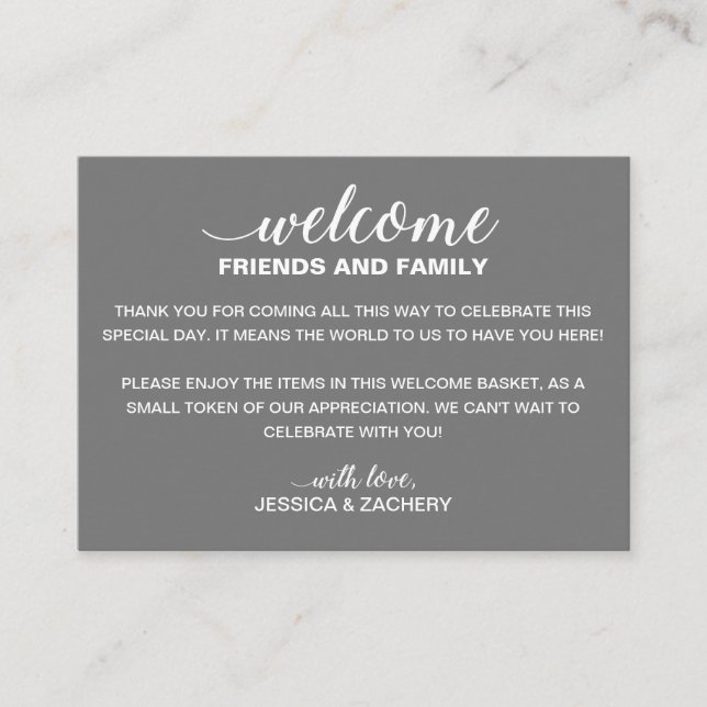 White On Gray Wedding Welcome Gift Bag Basket Place Card (Front)