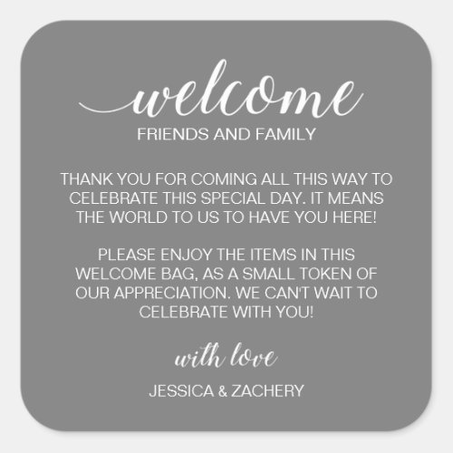 White on Gray Wedding Welcome Gift Bag Basket Square Sticker