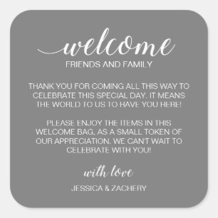 White on Gray Wedding Welcome Gift Bag Basket Square Sticker