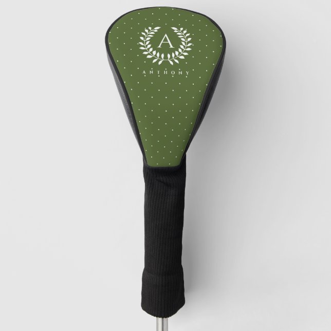 White On Green Laurel Monogram Polka Dot Pattern Golf Head Cover (Front)