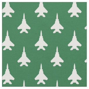 White on Green Strike Eagle Fighter Jet Pattern Fabric