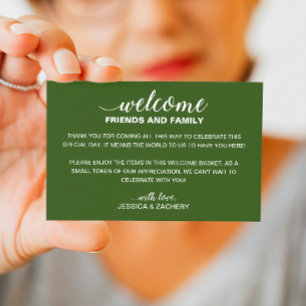 White On Green Wedding Welcome Gift Bag Basket Place Card