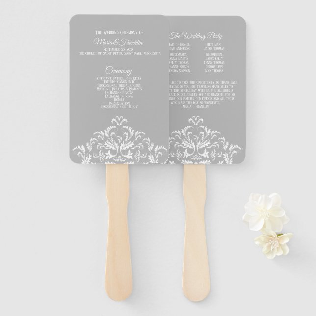 White on Grey Elegant Damask Wedding Program Fan (Front and Back)