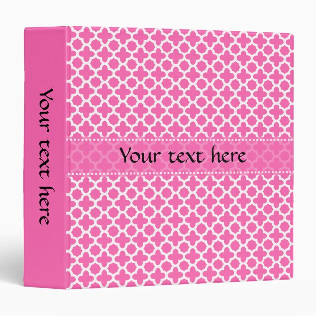 White on Hot Pink Quatrefoil Pattern 3 Ring Binder (Front/Spine)