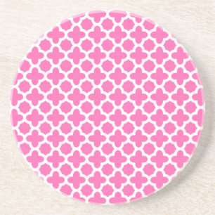 White on Hot Pink Quatrefoil Pattern Sandstone Coaster