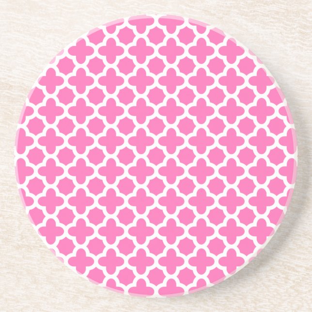 White on Hot Pink Quatrefoil Pattern Sandstone Coaster (Front)