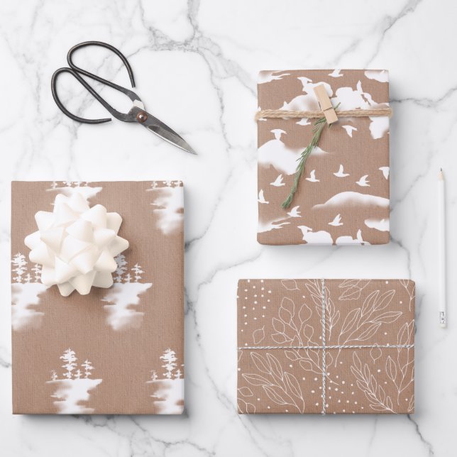 White on Kraft Trees, Birds and Foliage Wrapping Paper Sheets (Front)