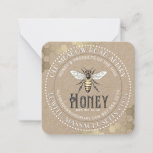 White on Kraft Vintage Bee Honey Jar Tag Note Card