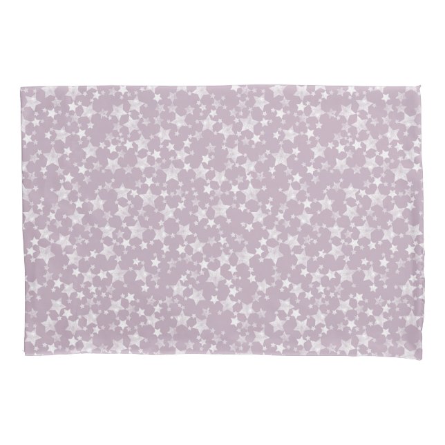 White on Mauve | Lino Print Stars Pattern Pillow Case (Front-Left)
