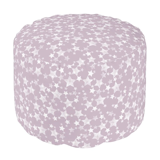 White on Mauve | Lino Print Stars Pattern Pouf (Angled Back)