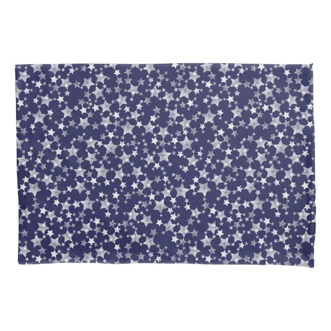 White on Midnight Blue | Lino Print Stars Pattern Pillow Case (Front-Left)