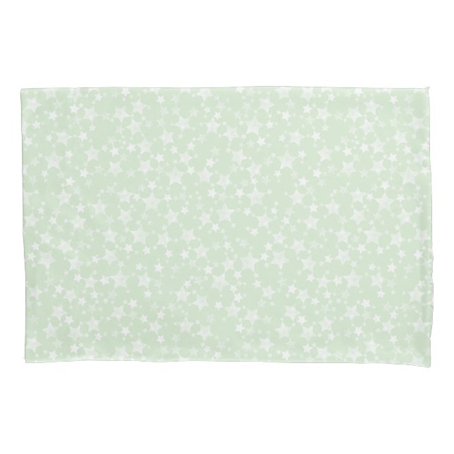 White on Mint Green | Lino Print Stars Pattern Pillow Case (Front-Left)
