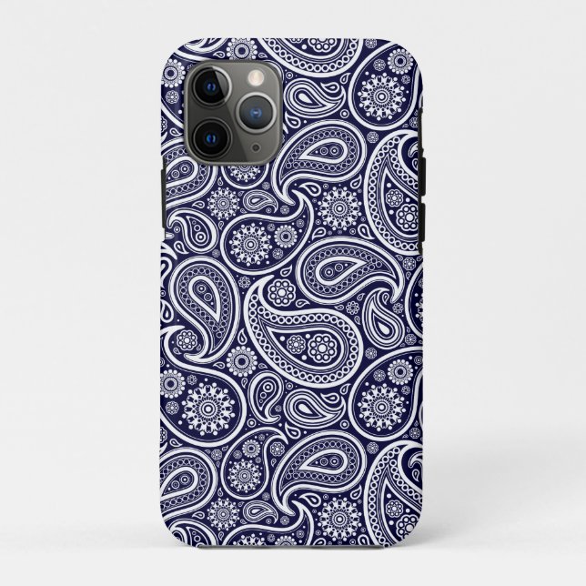 White On Navy Blue Retro Paisley Pattern Case-Mate iPhone Case (Back)