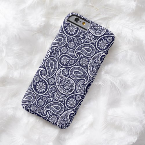 White On Navy Blue Retro Paisley Pattern Barely There iPhone 6 Case