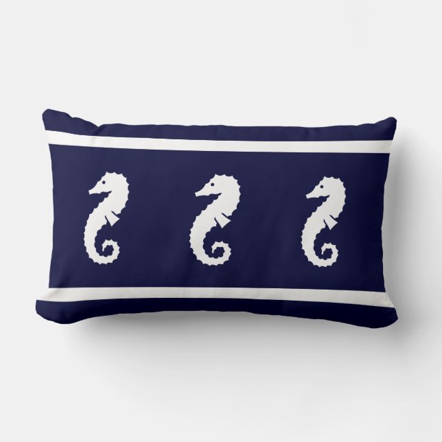 white on navy  SEA HORSE   coastal living Lumbar Pillow (Front)