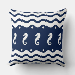 white on navy SEA HORSE coastal living Throw Pillow