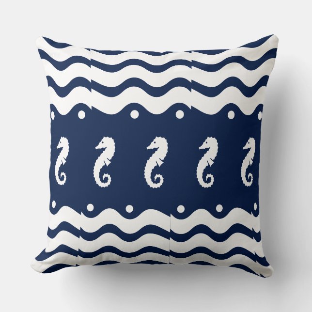 white on navy  SEA HORSE   coastal living Throw Pillow (Front)