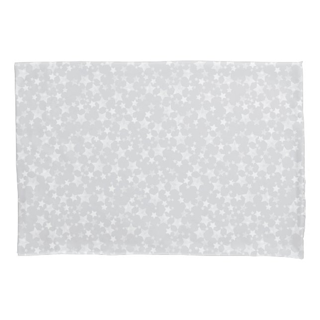 White on Pale Gray | Lino Print Stars Pattern Pillow Case (Front-Left)