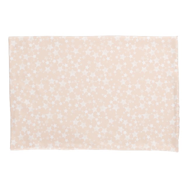 White on Peach/Apricot | Lino Print Stars Pattern Pillow Case (Front-Left)