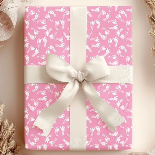 White On Pink Baby Feet Footprints Baby Shower Wrapping Paper