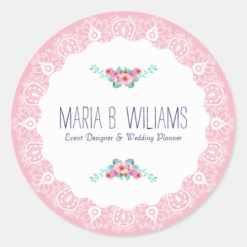 White On Pink Lace Floral Bouquet Accent Classic Round Sticker