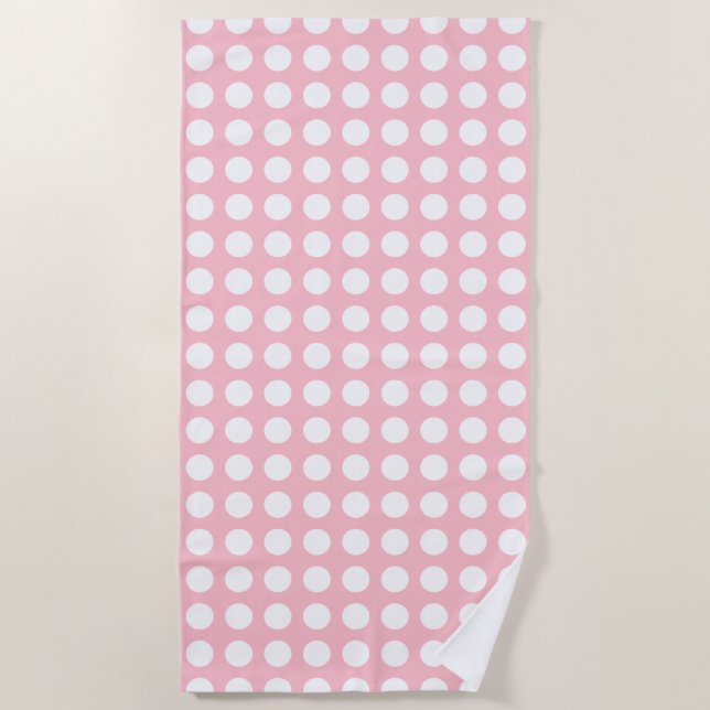 White on Pink Large Size Horizontal Polka Dots Beach Towel (Front)