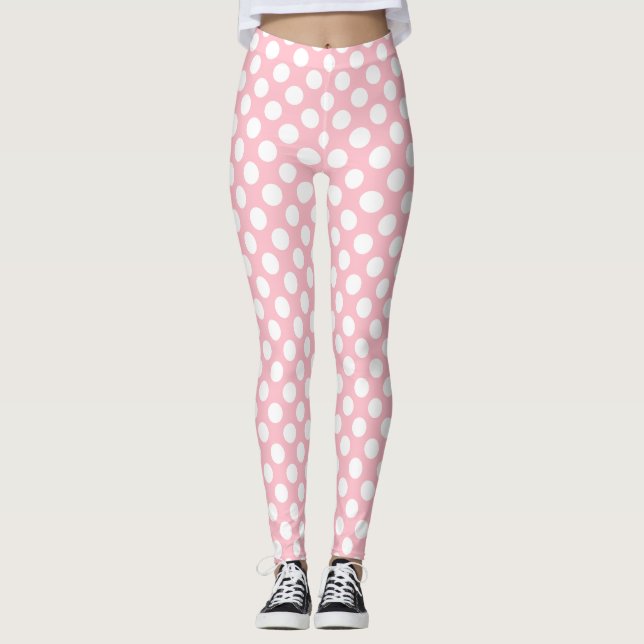 White on Pink Medium Size Polka Dots Leggings (Front)