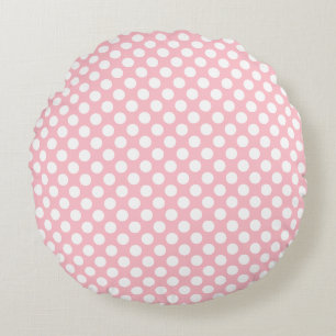 White on Pink Medium Size Polka Dots Round Pillow