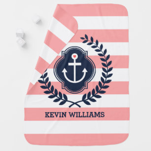 White On Pink Stripes & Blue Nautical Boat Anchor Baby Blanket