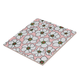 White On Pink Wildflower Design  Ceramic Tile