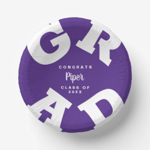White on Purple Graduation Personalized Paper Bowls