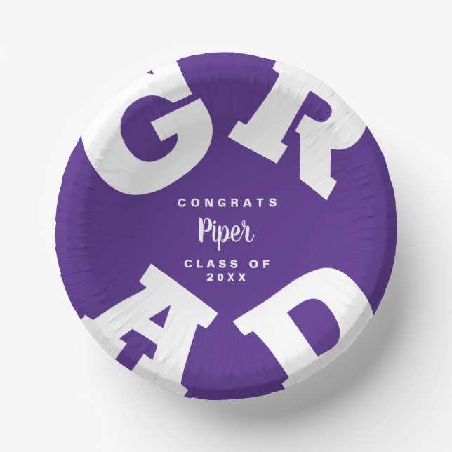 White on Purple Graduation Personalized Paper Bowls (Front)
