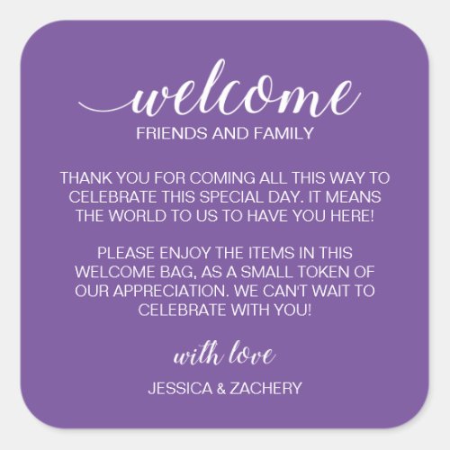 White on Purple Wedding Welcome Gift Bag Basket Square Sticker