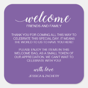 White on Purple Wedding Welcome Gift Bag Basket Square Sticker