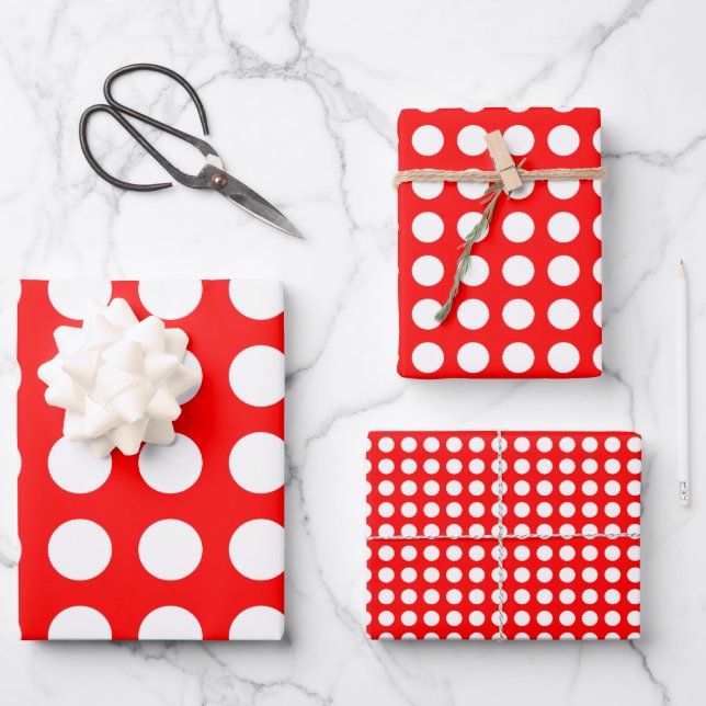 White on Red Different Sizes Horizontal Polka Dots Wrapping Paper Sheets (Front)