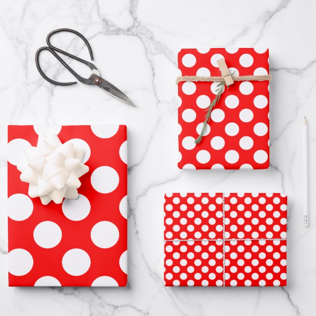 White on Red Different Sizes Polka Dots Wrapping Paper Sheets (Front)