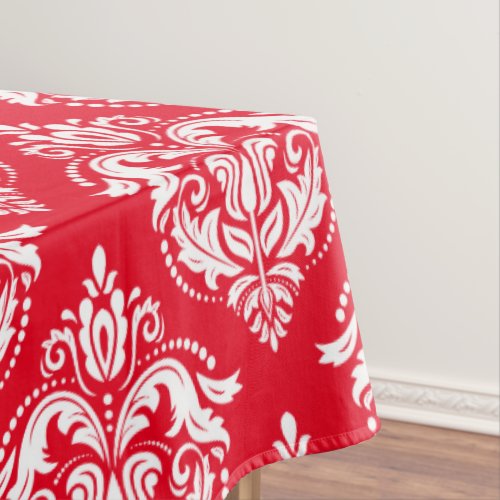 White On Red Floral Damasks Geometric Pattern Tablecloth