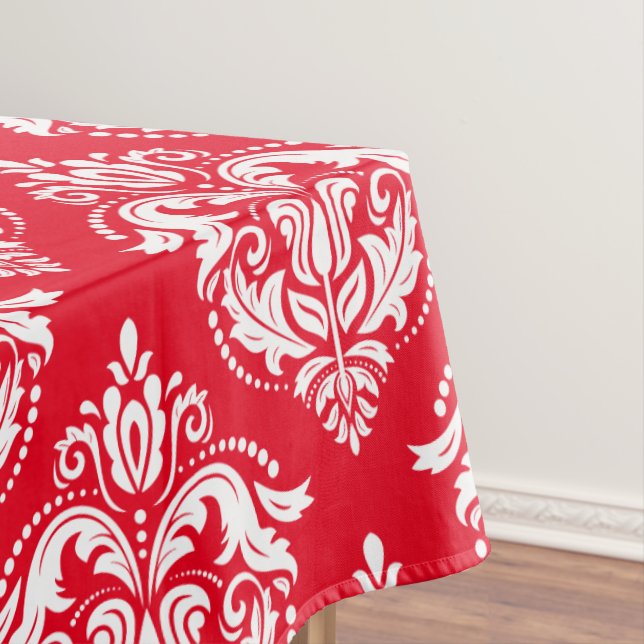 White On Red Floral Damasks Geometric Pattern Tablecloth (In Situ)