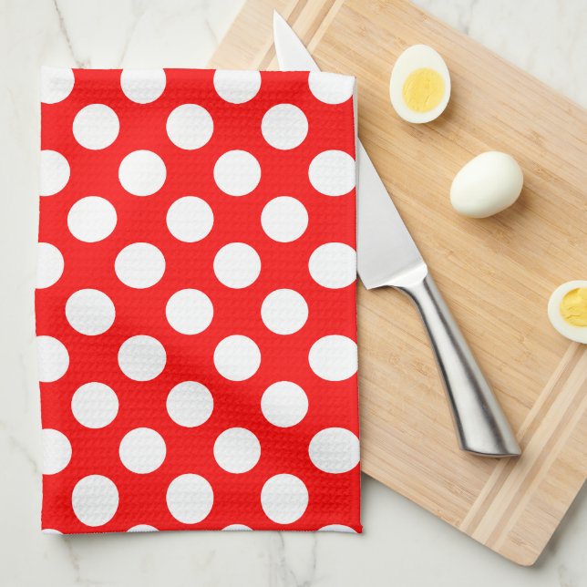 White on Red Large Size Polka Dots Kitchen Towel (Quarter Fold)
