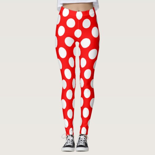 White on Red Large Size Polka Dots Leggings