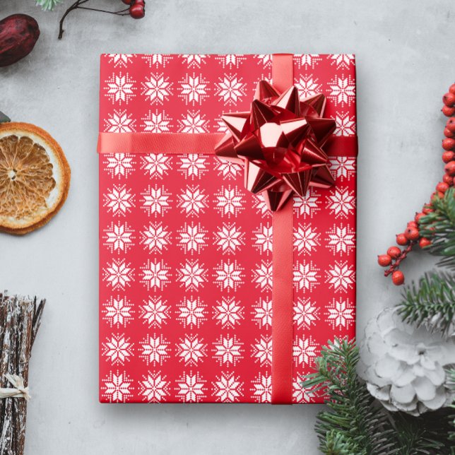 White on Red Nordic Sweater Snowflake Pattern Wrapping Paper (Creator Uploaded)