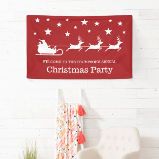 White On Red Santa Sleigh &amp; Stars Christmas Party Banner