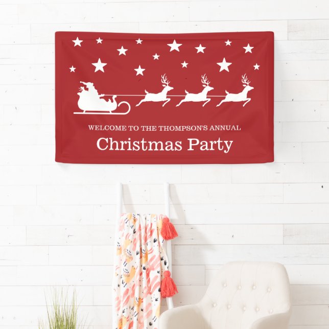 White On Red Santa Sleigh & Stars Christmas Party Banner (Insitu)
