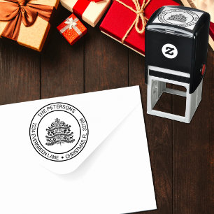 White on Red Scandinavian Christmas Tree Address Self-inking Stamp