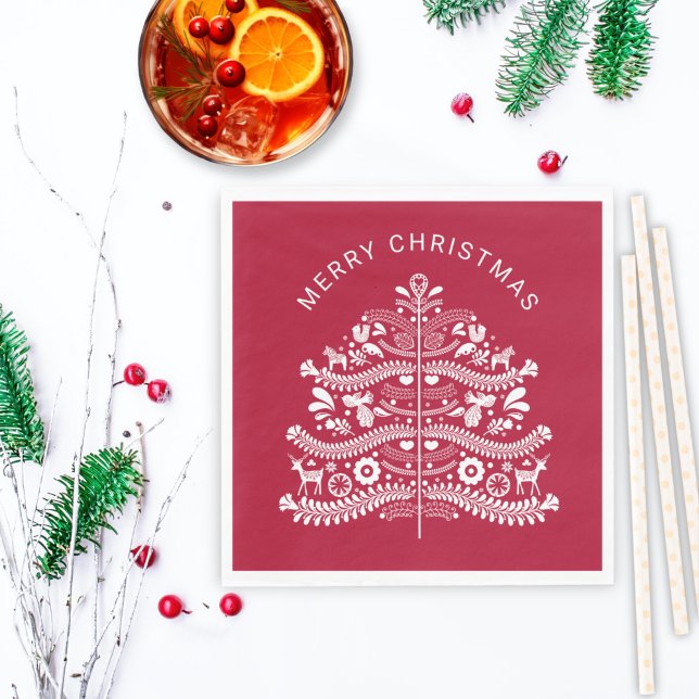 White on Red Scandinavian Christmas Tree Napkins (Creator Uploaded)