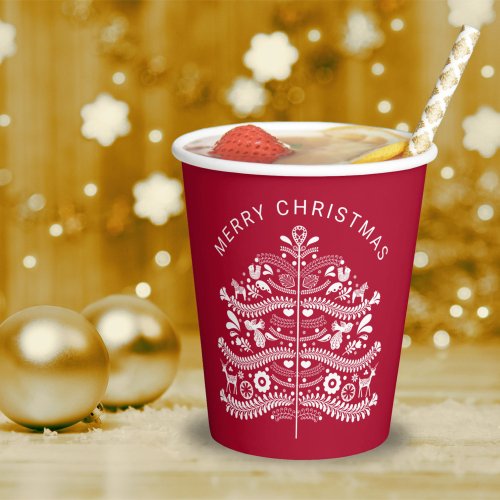 White on Red Scandinavian Christmas Tree Paper Cups