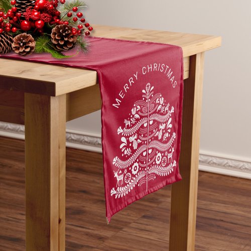 White on Red Scandinavian Folk Art Christmas Tree Medium Table Runner