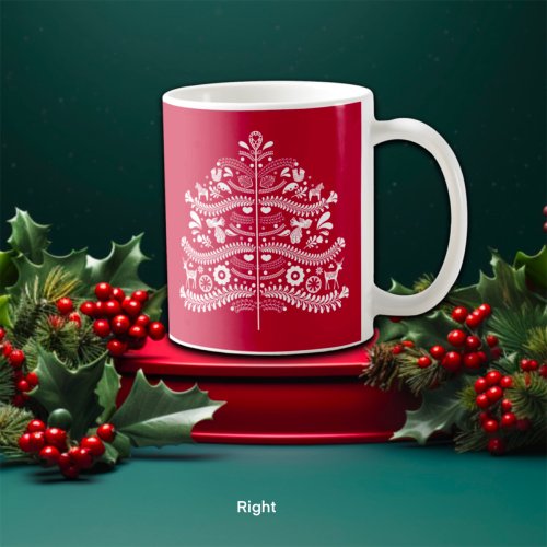 White on Red Scandinavian Nordic Christmas Tree Coffee Mug
